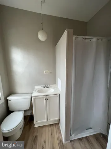a bathroom with a toilet a sink and wooden floor