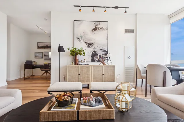 a living room with furniture and a potted plant