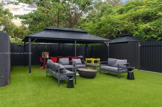 a backyard of a house with table and chairs