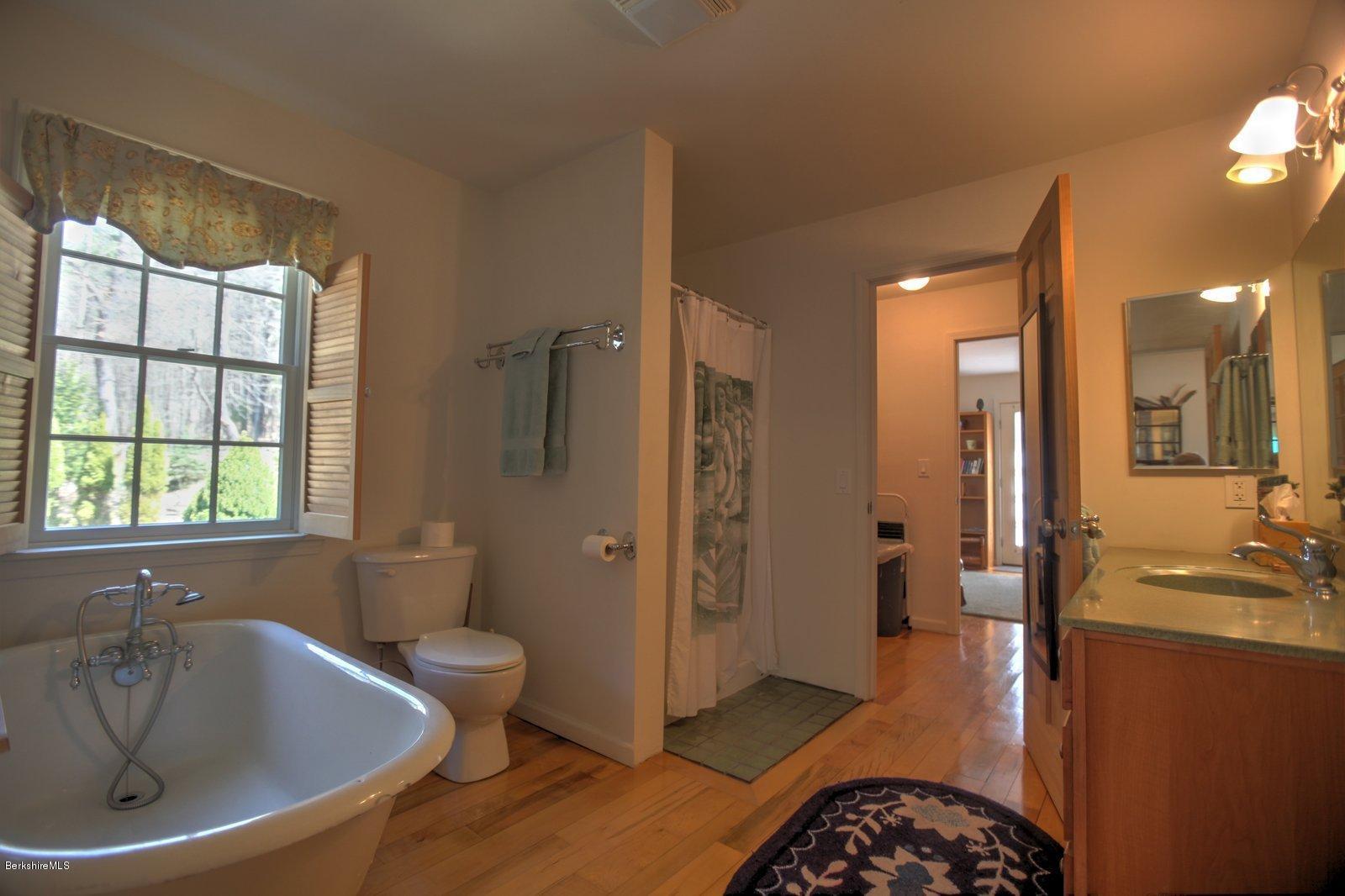 20 Main Road Tyringham, MA 01238 - Photo 31 of 50 a bathroom with a tub sink shower and a mirror