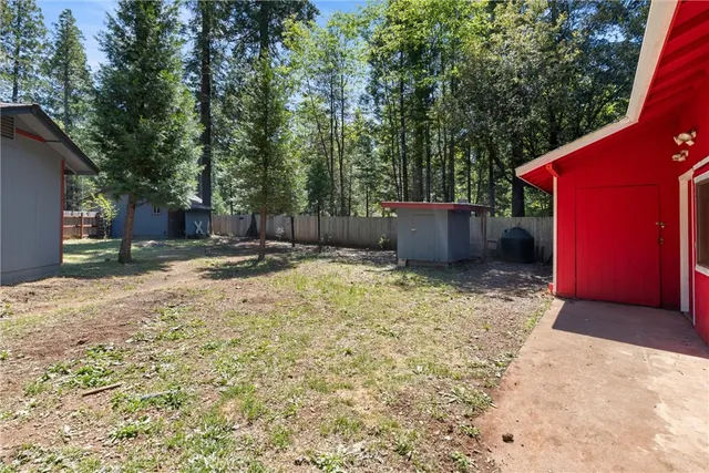a backyard of a house with yard and tree
