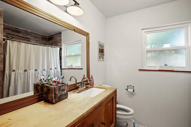 a bathroom with a sink mirror vanity and toilet