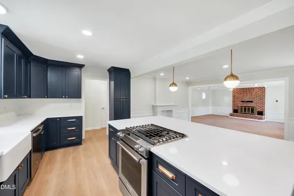 a kitchen with a stove and a refrigerator