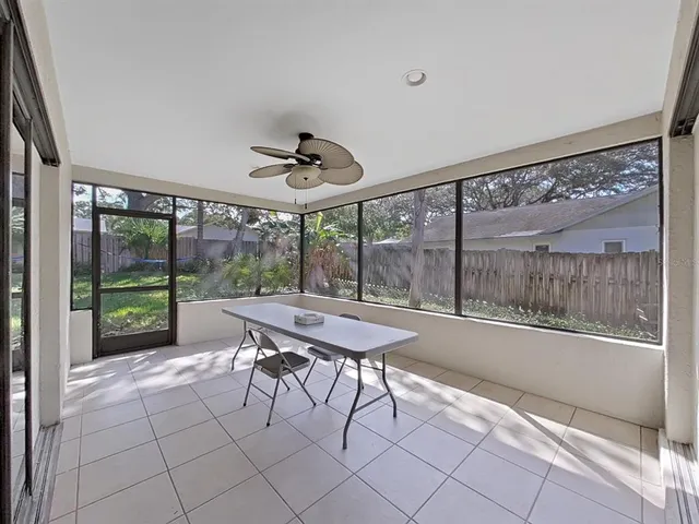 a view of a big yard with plants and large trees