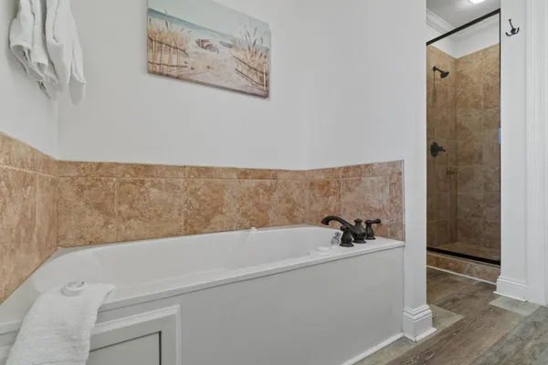 a bathroom with a bathtub
