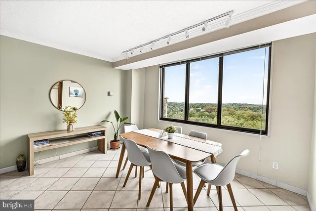 a view of a dining room with furniture a chandelier and wooden floor