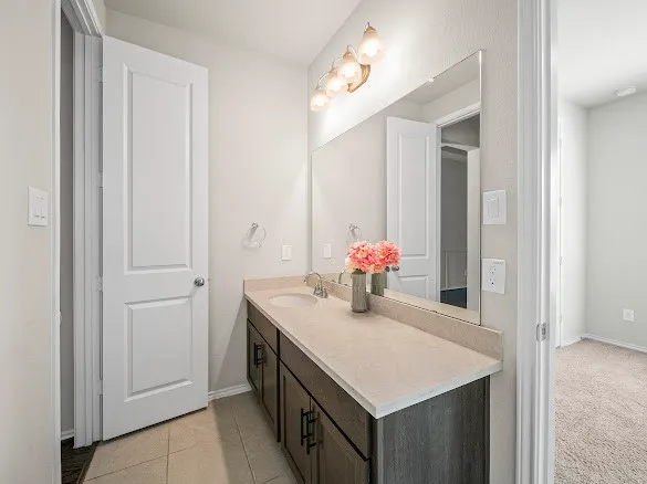 a bathroom with a sink vanity and a mirror