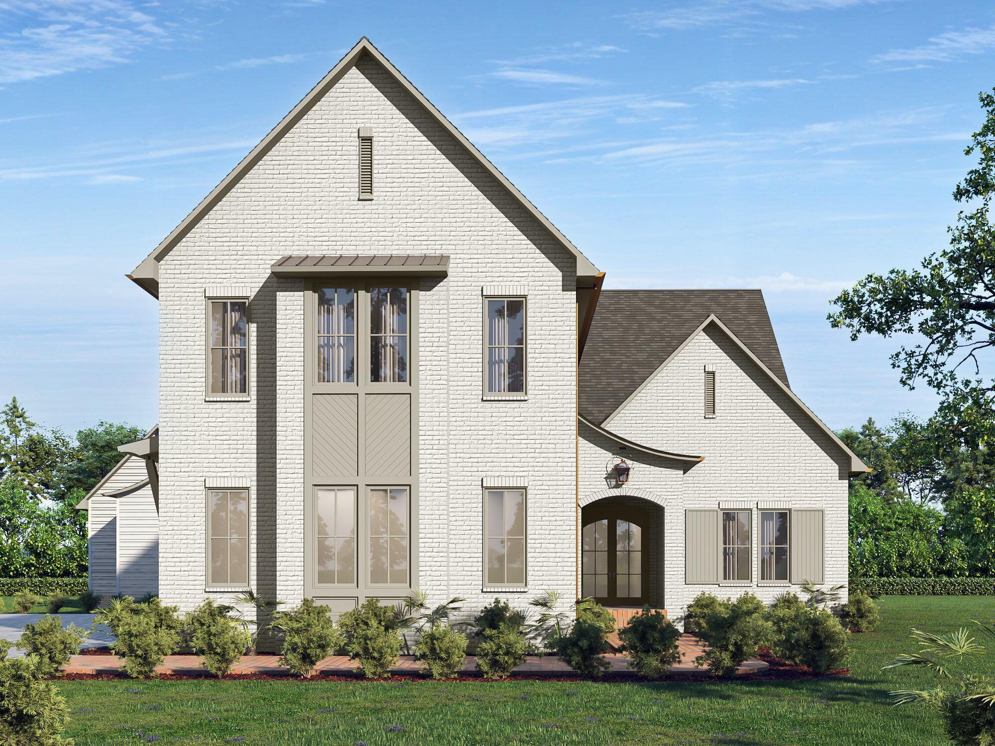 a front view of white house with a yard