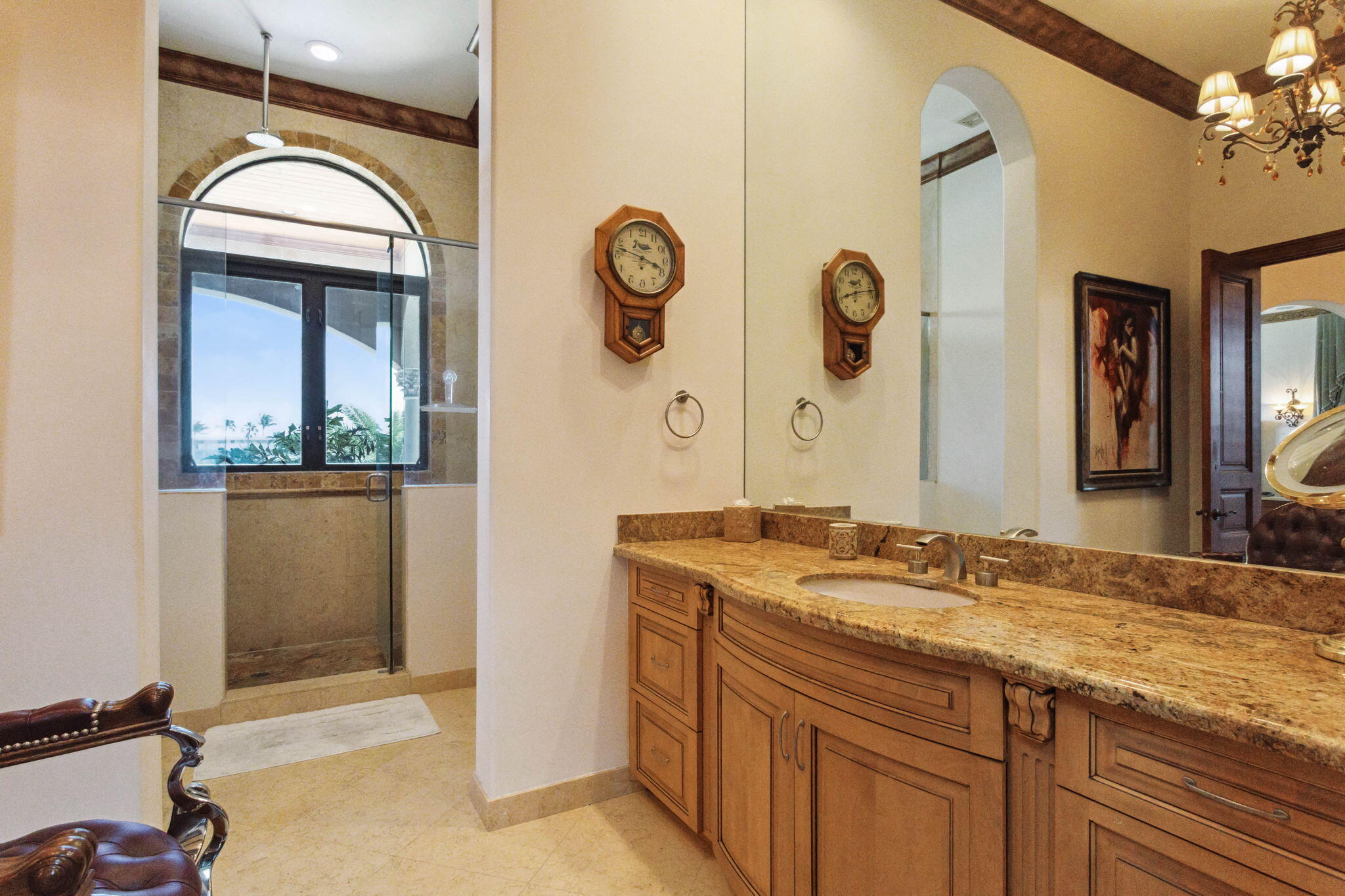 3870 Northeast 31st Avenue Lighthouse Point, FL 33064 - Photo 63 of 151 a bathroom with a granite countertop sink a mirror and a shower