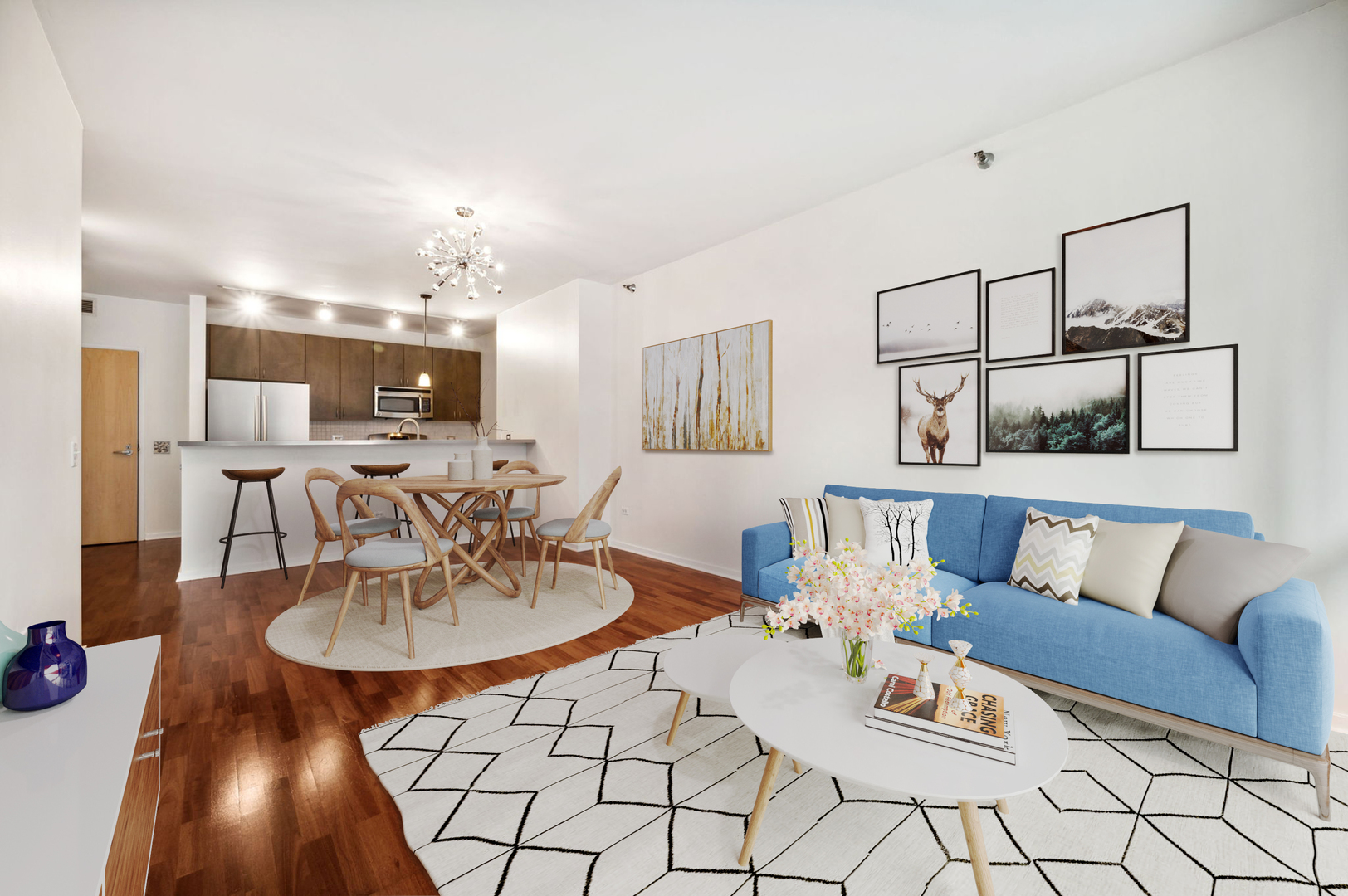 123 South Green Street, Unit 407B Chicago, IL 60607 - Photo 3 of 20 a living room with furniture and a dining table