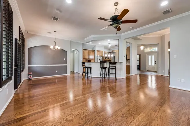 a view of dining room with wooden floor