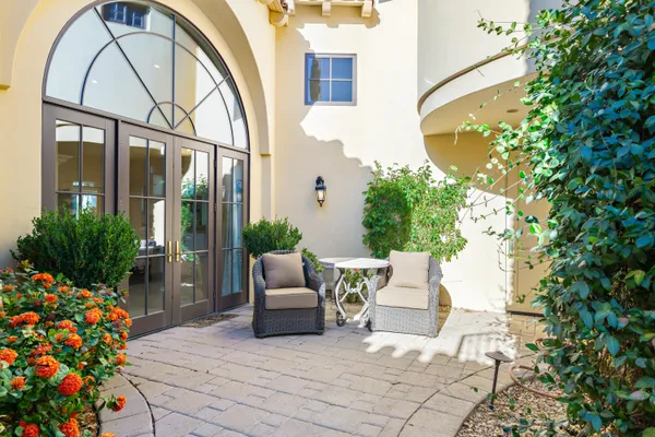 a building outdoor space with seating space