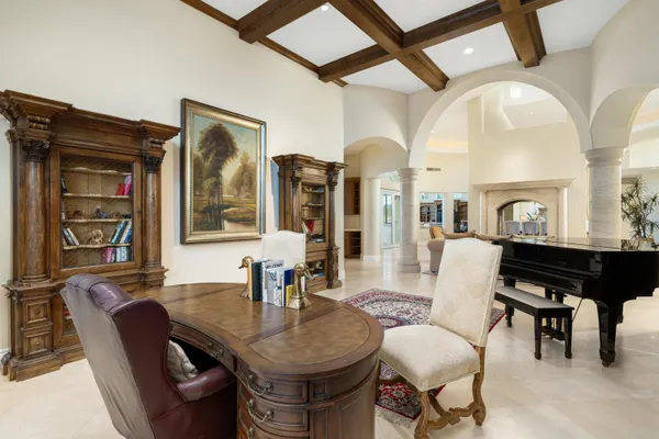 a view of a dining room with furniture