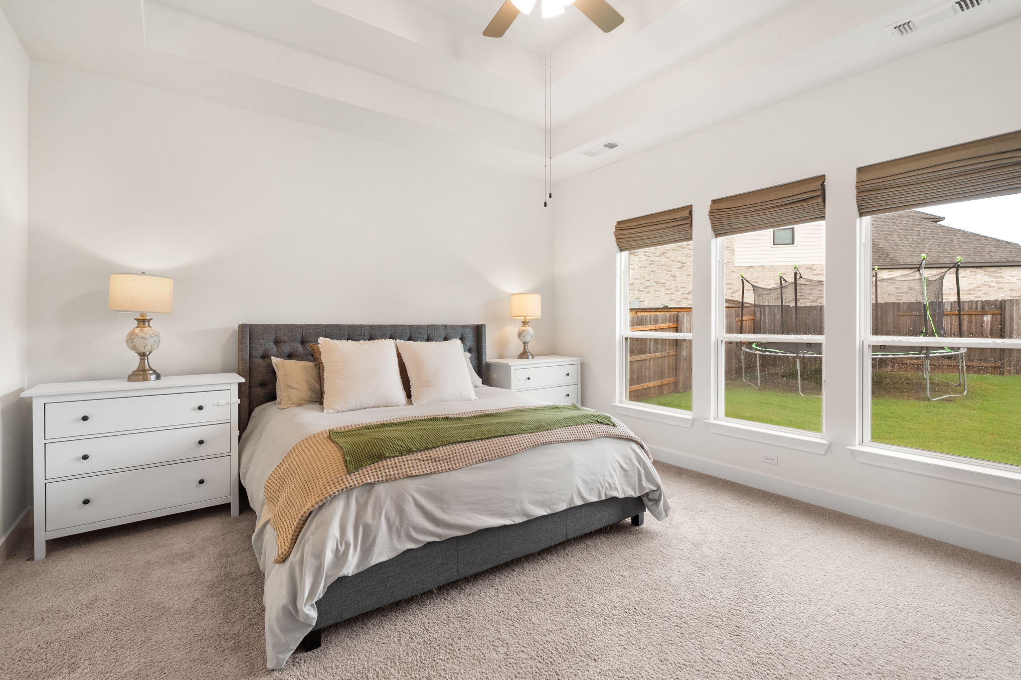 515 Watershield Cove Georgetown, TX 78633 - Photo 18 of 40 A tranquil bedroom features tray ceilings and ample natural light, creating a serene personal retreat.