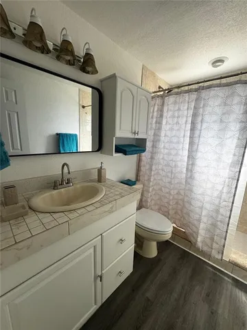 a bathroom with a granite countertop toilet sink and mirror