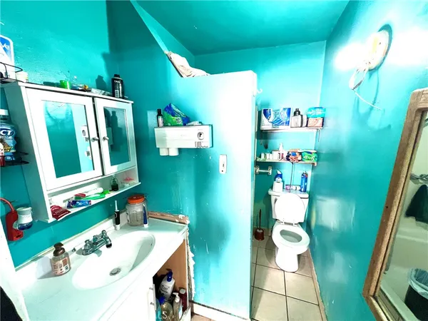 a bathroom with a sink mirror and toilet