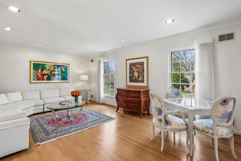 a living room with furniture a rug and a window