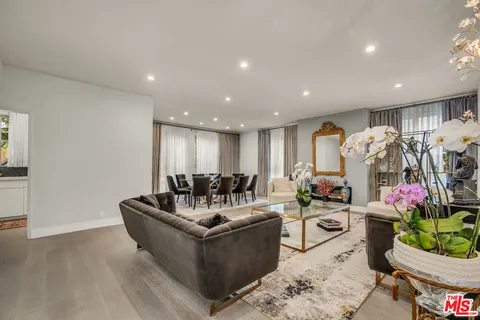a living room with furniture and a potted plant