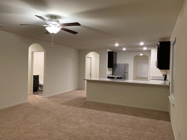 140 Allington Circle Jarrell, TX 76537 - Photo 20 of 23 Kitchen with dark cabinets, arched walkways, a ceiling fan, light carpet, and a peninsula