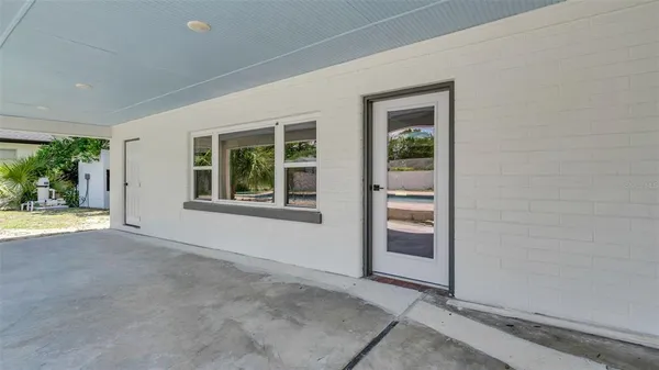 a view of a yard with potted plants and large trees