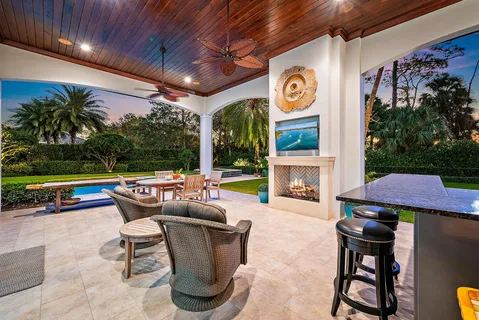 a building outdoor space with patio furniture