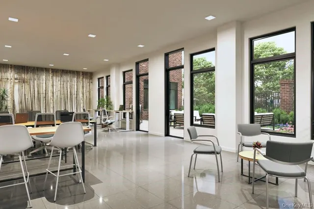 a view of a a dining room with furniture window and outside view