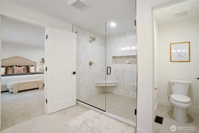 a bathroom with a shower and a toilet