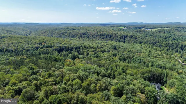 an aerial view of residential house with outdoor space and trees all around
