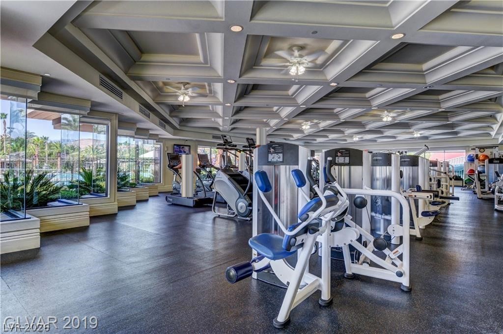 87 Tall Ruff Drive Las Vegas, NV 89148 - Photo 19 of 71 Fitness facility with coffered ceilings and plentiful natural illumination, overlooking the tropical landscape.