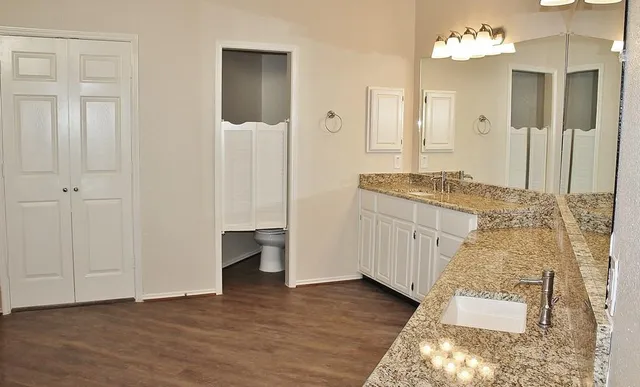 a bathroom with a granite countertop sink and a mirror