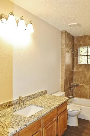 a bathroom with a granite countertop sink a toilet and shower