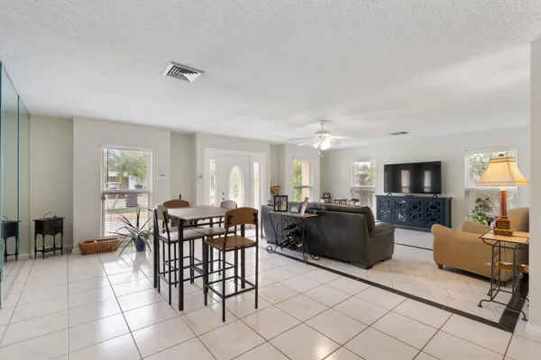 a view of a dining room with furniture