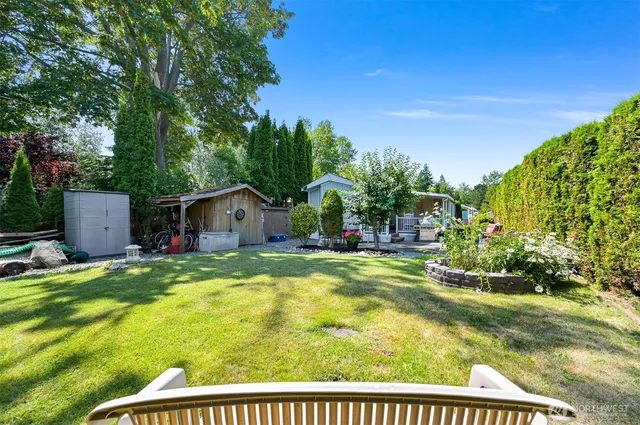 a view of house with backyard and trees