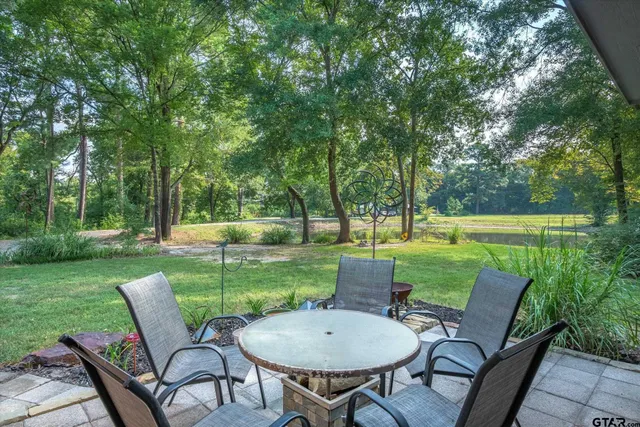 a view of a chair and table in the garden