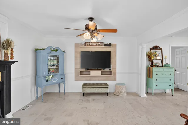 a living room with furniture and a potted plant