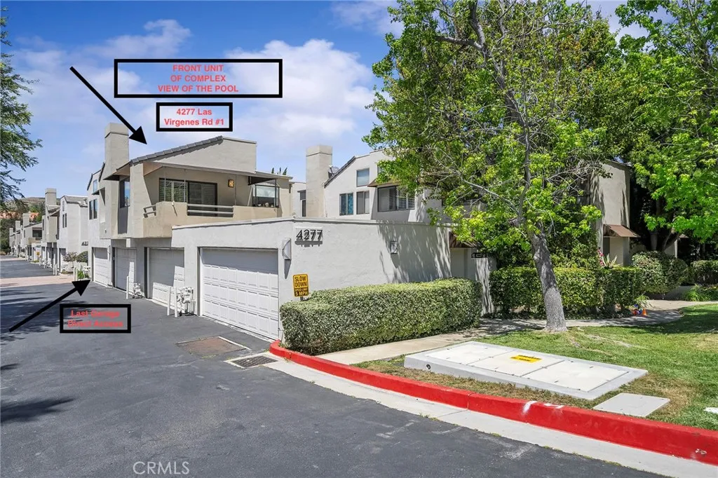 4277 Las Virgenes Road Calabasas, CA 91302 - Photo 24 of 28 Unit is located in the front of the complex with brown awning. The garage is conveniently located at the end with direct access and right around the corner to the front door entrance.
