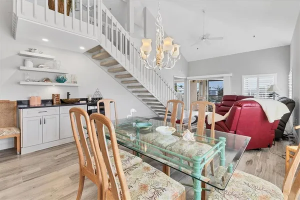 a view of a dining room with furniture