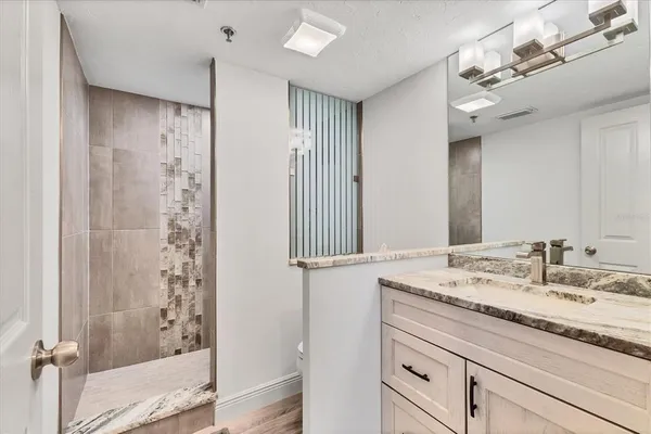 a bathroom with a granite countertop sink a mirror and a shower