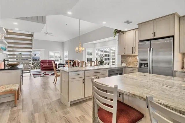 a view of a dining room with furniture