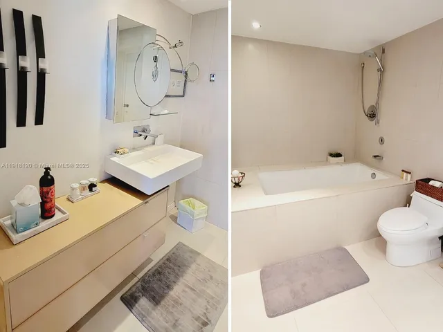 a bathroom with a sink double vanity granite toilet tub and shower