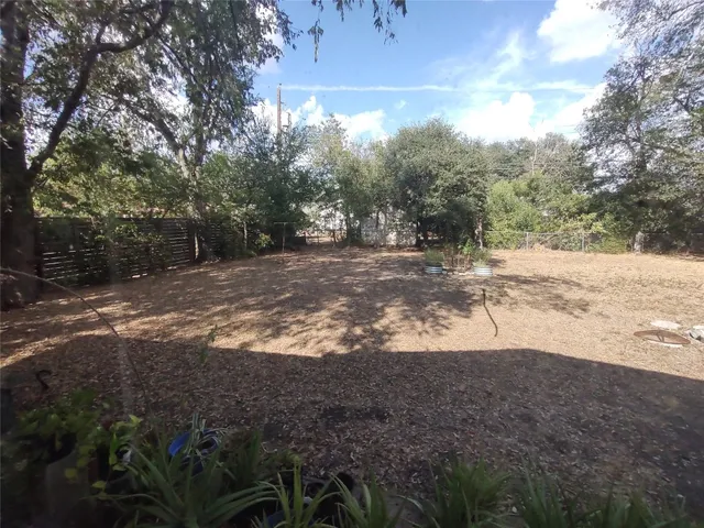 a view of a yard with large trees
