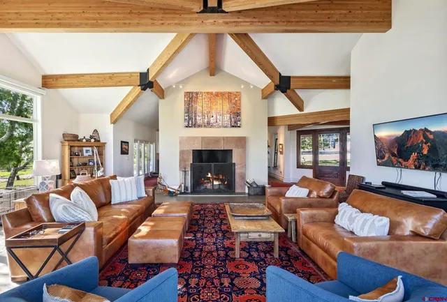 a living room with furniture a rug and a fireplace