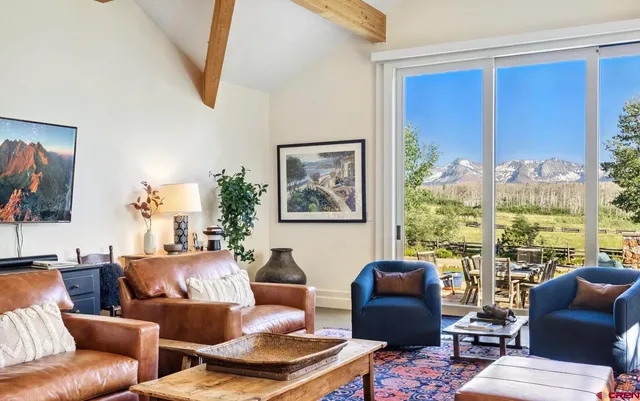 a living room with furniture a rug and a large window