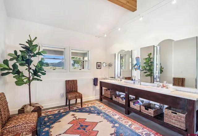 a living room with furniture and a potted plant