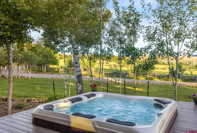 a view of a swimming pool with a deck and a big yard