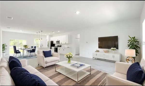 a living room with furniture a flat screen tv and a potted plant