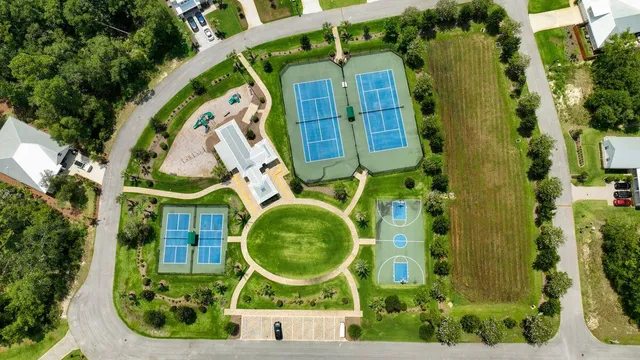 an aerial view of a highlighted house