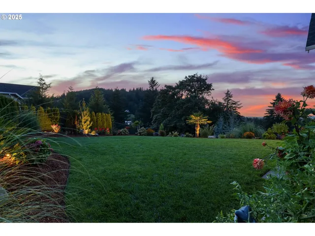 a view of a garden with houses