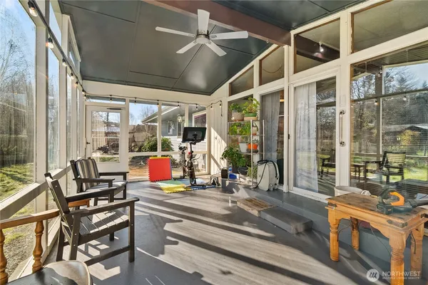 a room with patio outer view and a potted plant