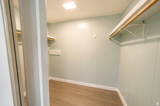 305 West Elmo Road Elmo, UT 84521 - Photo 18 of 27 Walk-in closet with panel walls, wood-finish flooring, and built-in shelving with hanging rods